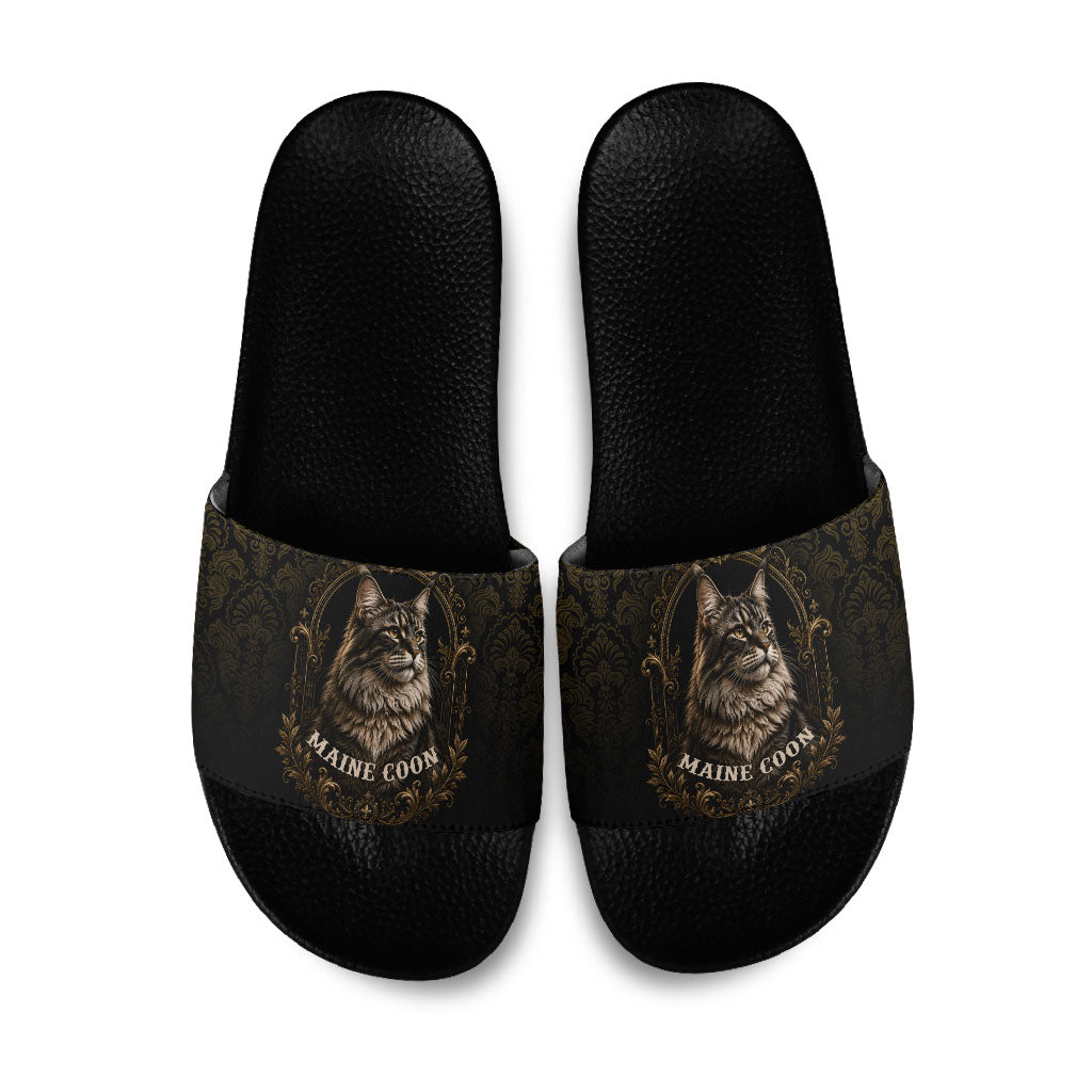 Maine Coon Cat Gentle Giant Slide Sandals Royal Feline Vintage Gold Damask Portrait