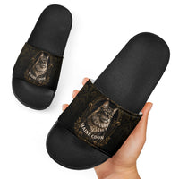 Maine Coon Cat Gentle Giant Slide Sandals Royal Feline Vintage Gold Damask Portrait