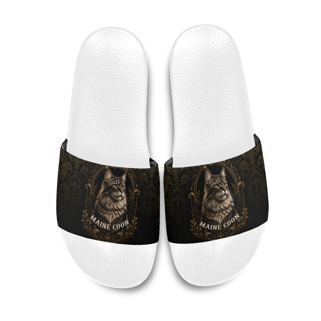 Maine Coon Cat Gentle Giant Slide Sandals Royal Feline Vintage Gold Damask Portrait
