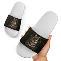 Maine Coon Cat Gentle Giant Slide Sandals Royal Feline Vintage Gold Damask Portrait