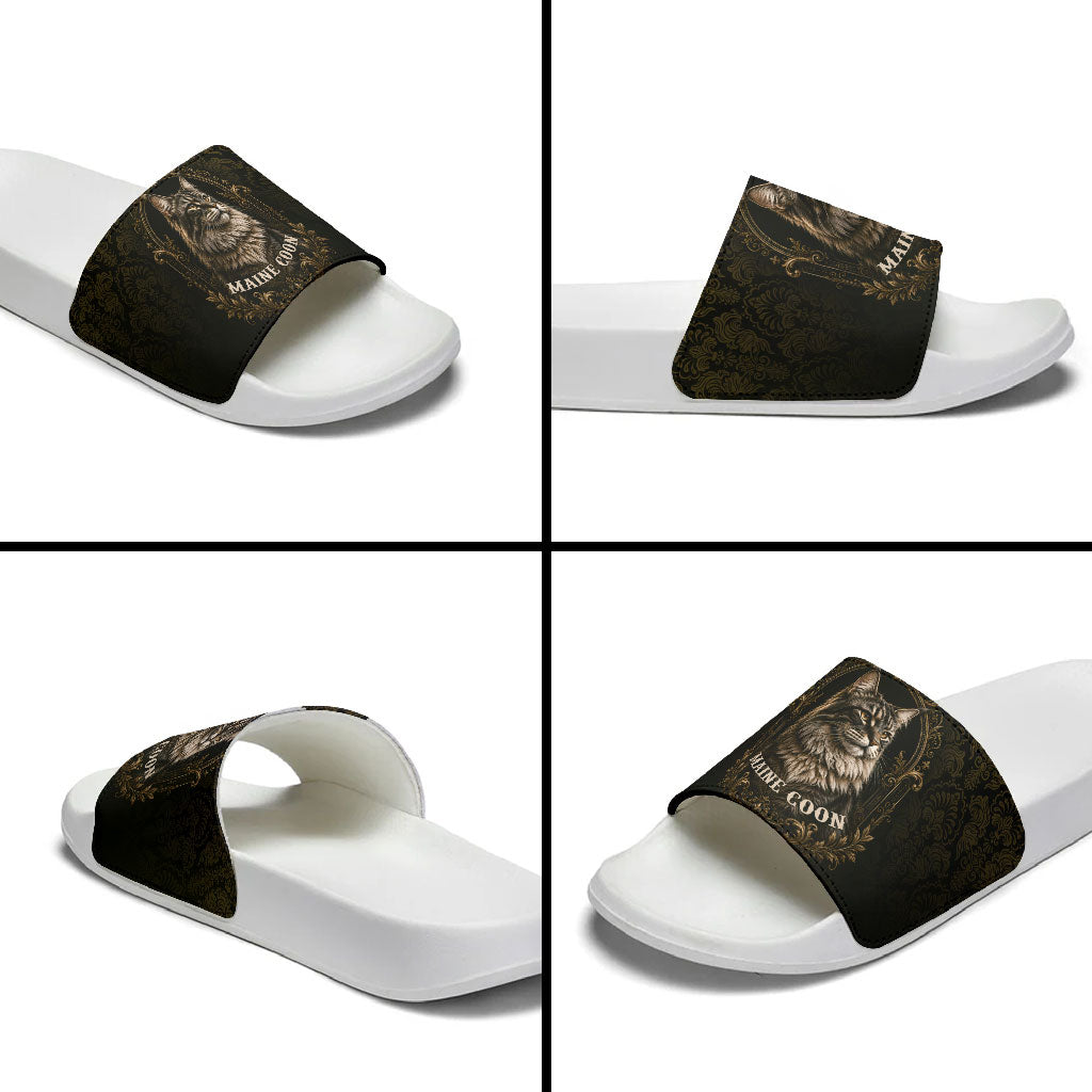 Maine Coon Cat Gentle Giant Slide Sandals Royal Feline Vintage Gold Damask Portrait