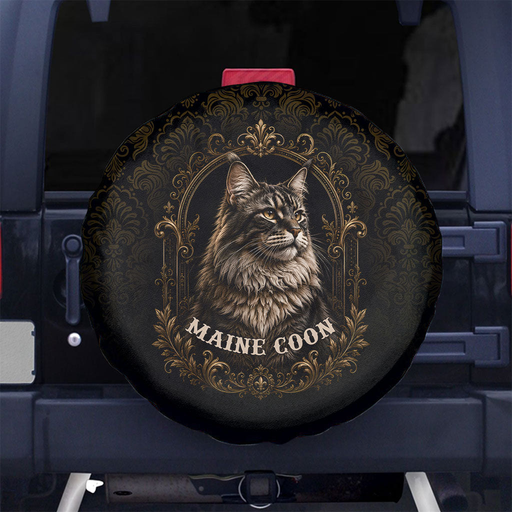 Maine Coon Cat Gentle Giant Spare Tire Cover Royal Feline Vintage Gold Damask Portrait