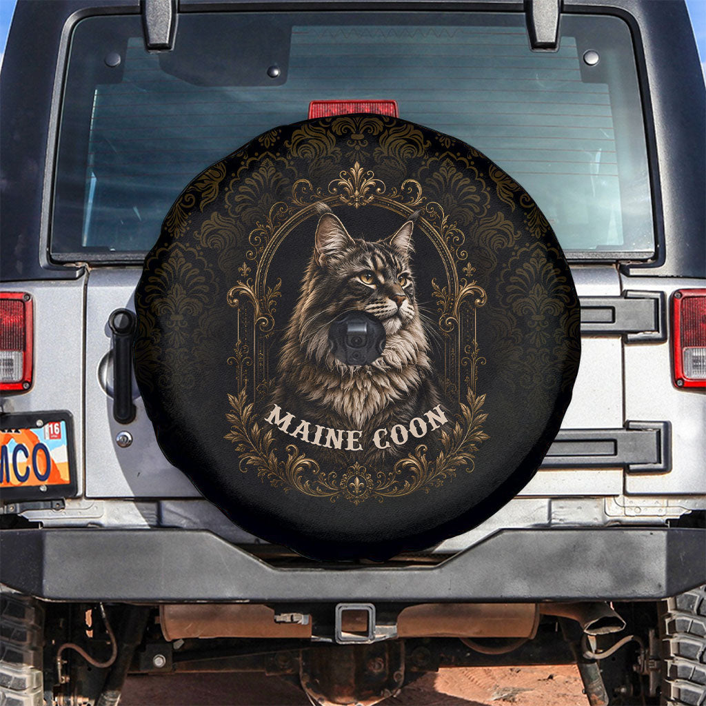 Maine Coon Cat Gentle Giant Spare Tire Cover Royal Feline Vintage Gold Damask Portrait