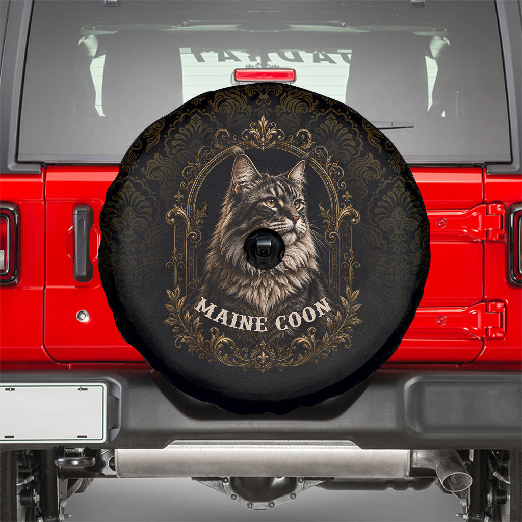 Maine Coon Cat Gentle Giant Spare Tire Cover Royal Feline Vintage Gold Damask Portrait