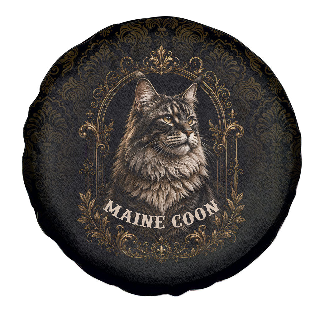 Maine Coon Cat Gentle Giant Spare Tire Cover Royal Feline Vintage Gold Damask Portrait