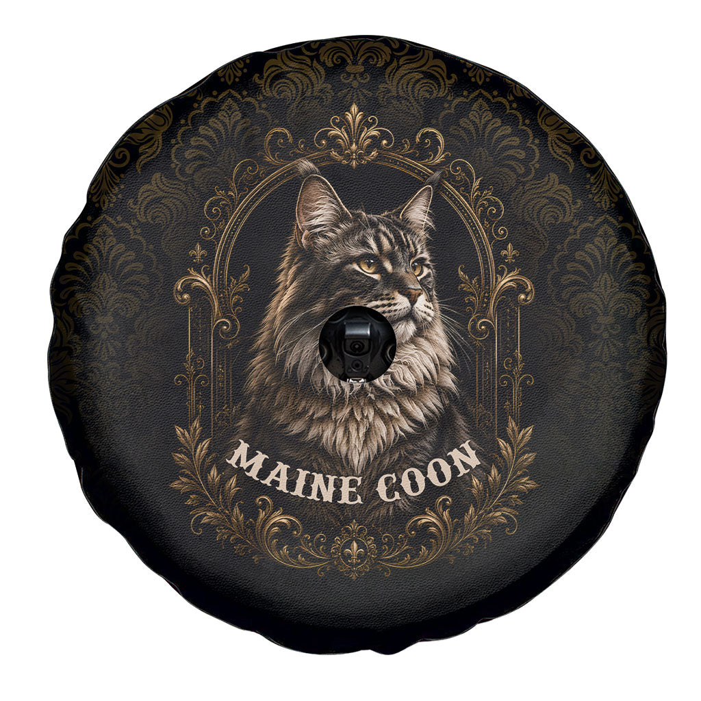 Maine Coon Cat Gentle Giant Spare Tire Cover Royal Feline Vintage Gold Damask Portrait