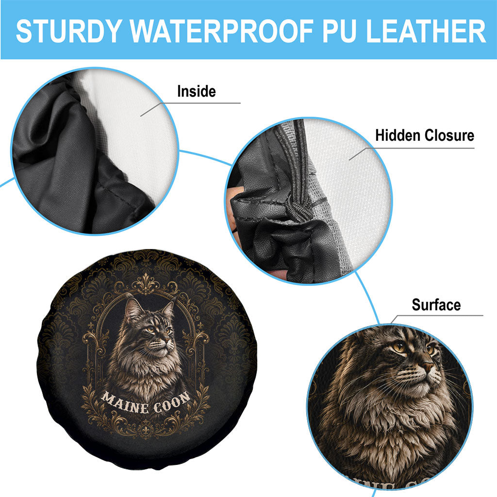 Maine Coon Cat Gentle Giant Spare Tire Cover Royal Feline Vintage Gold Damask Portrait