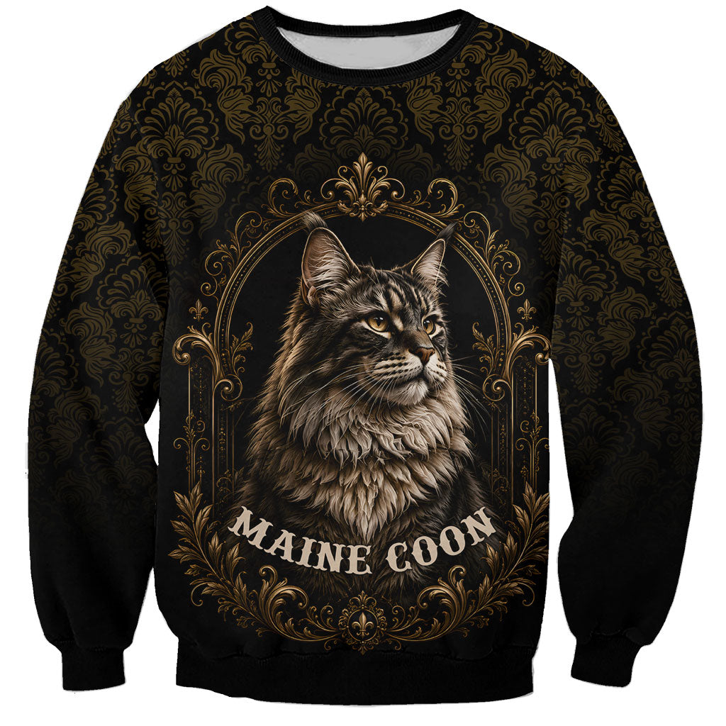 Maine Coon Cat Gentle Giant Sweatshirt Royal Feline Vintage Gold Damask Portrait