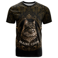Maine Coon Cat Gentle Giant T Shirt Royal Feline Vintage Gold Damask Portrait