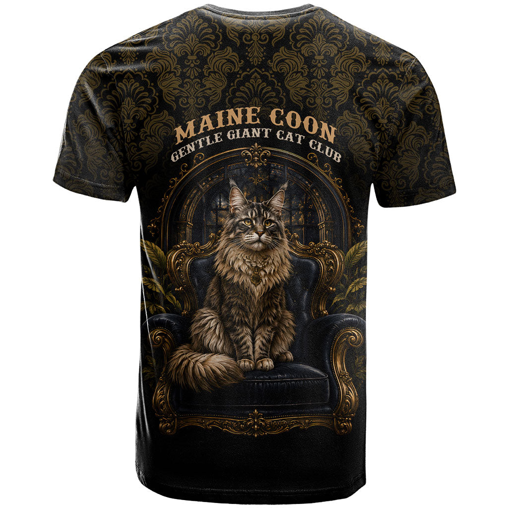 Maine Coon Cat Gentle Giant T Shirt Royal Feline Vintage Gold Damask Portrait