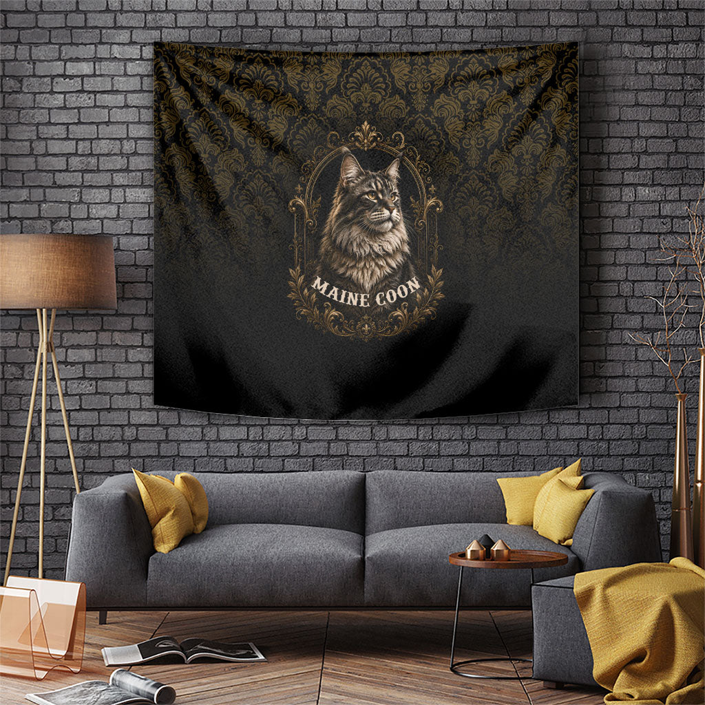 Maine Coon Cat Gentle Giant Tapestry Royal Feline Vintage Gold Damask Portrait