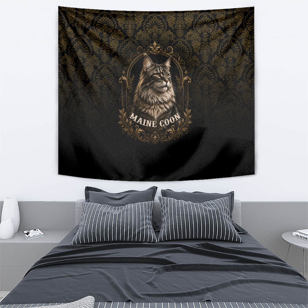 Maine Coon Cat Gentle Giant Tapestry Royal Feline Vintage Gold Damask Portrait