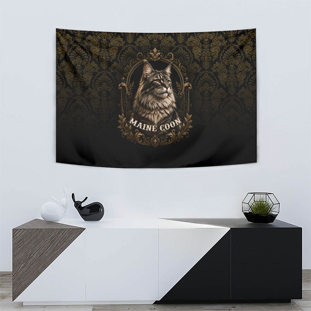 Maine Coon Cat Gentle Giant Tapestry Royal Feline Vintage Gold Damask Portrait