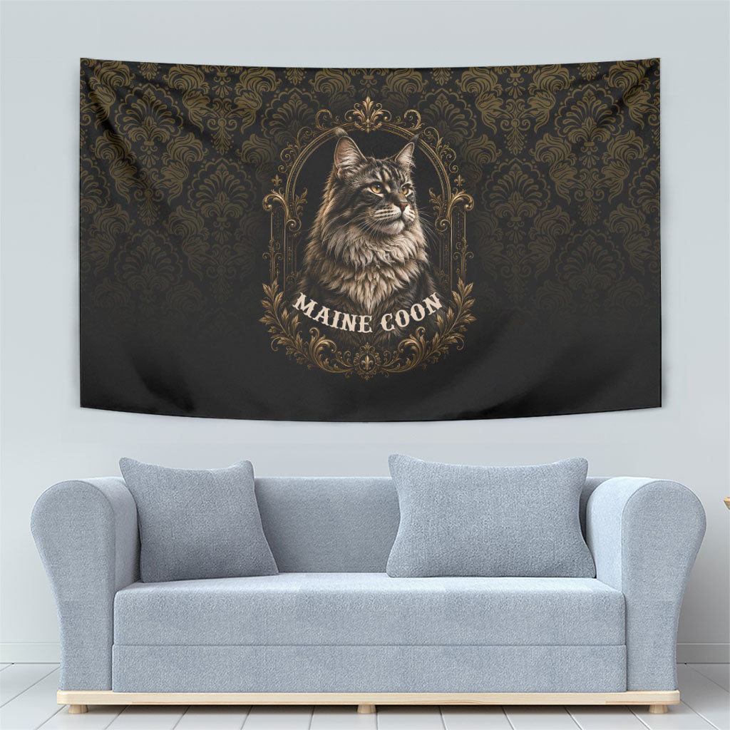 Maine Coon Cat Gentle Giant Tapestry Royal Feline Vintage Gold Damask Portrait