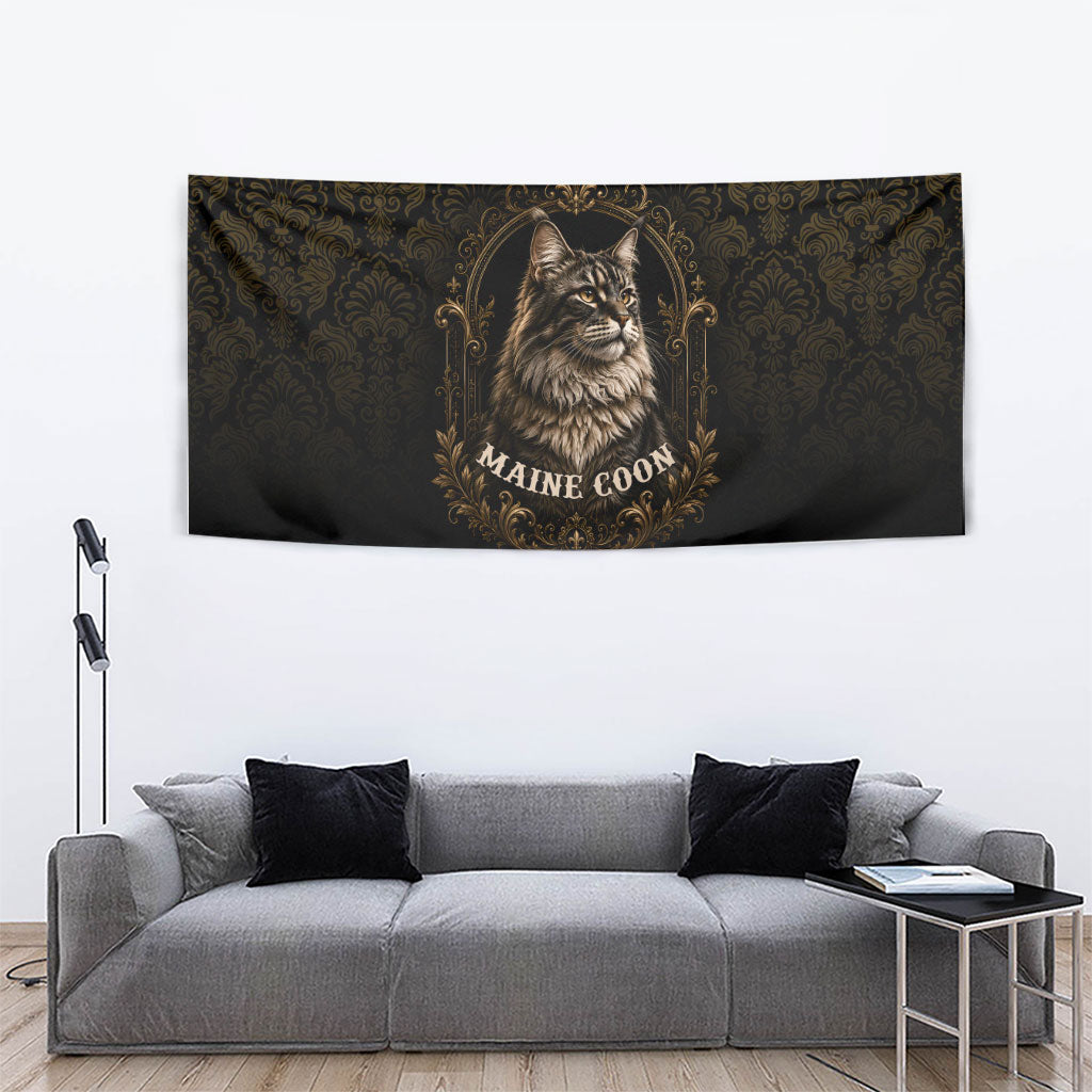 Maine Coon Cat Gentle Giant Tapestry Royal Feline Vintage Gold Damask Portrait
