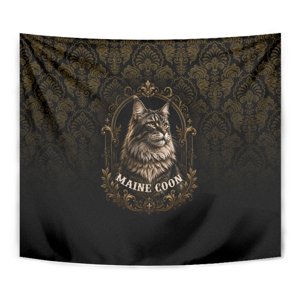 Maine Coon Cat Gentle Giant Tapestry Royal Feline Vintage Gold Damask Portrait