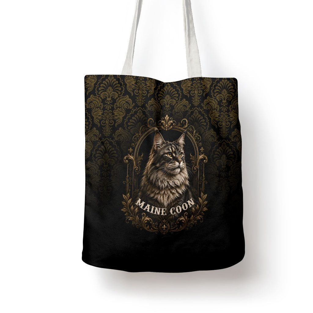 Maine Coon Cat Gentle Giant Tote Bag Royal Feline Vintage Gold Damask Portrait