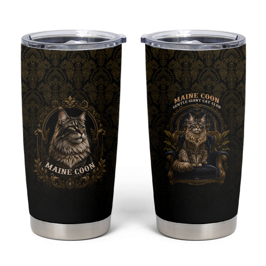 Maine Coon Cat Gentle Giant Tumbler Cup Royal Feline Vintage Gold Damask Portrait