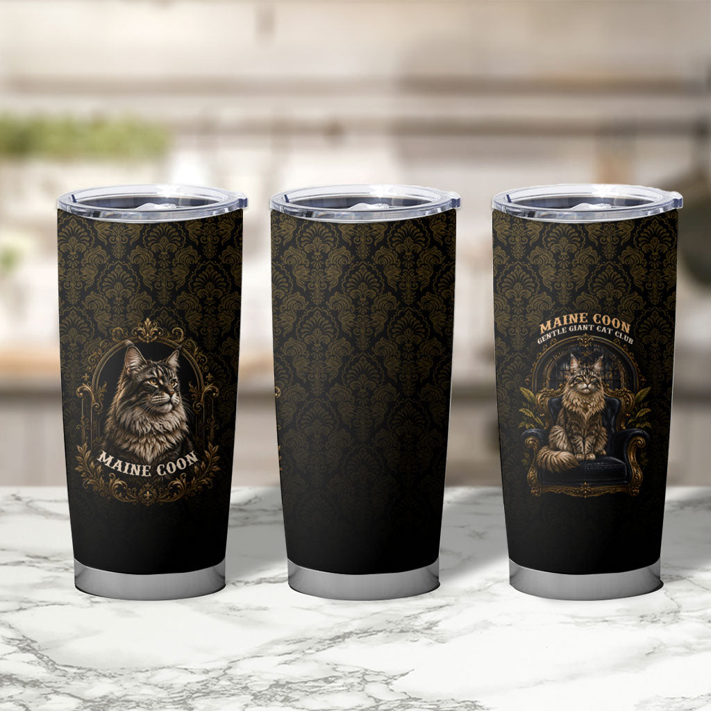 Maine Coon Cat Gentle Giant Tumbler Cup Royal Feline Vintage Gold Damask Portrait