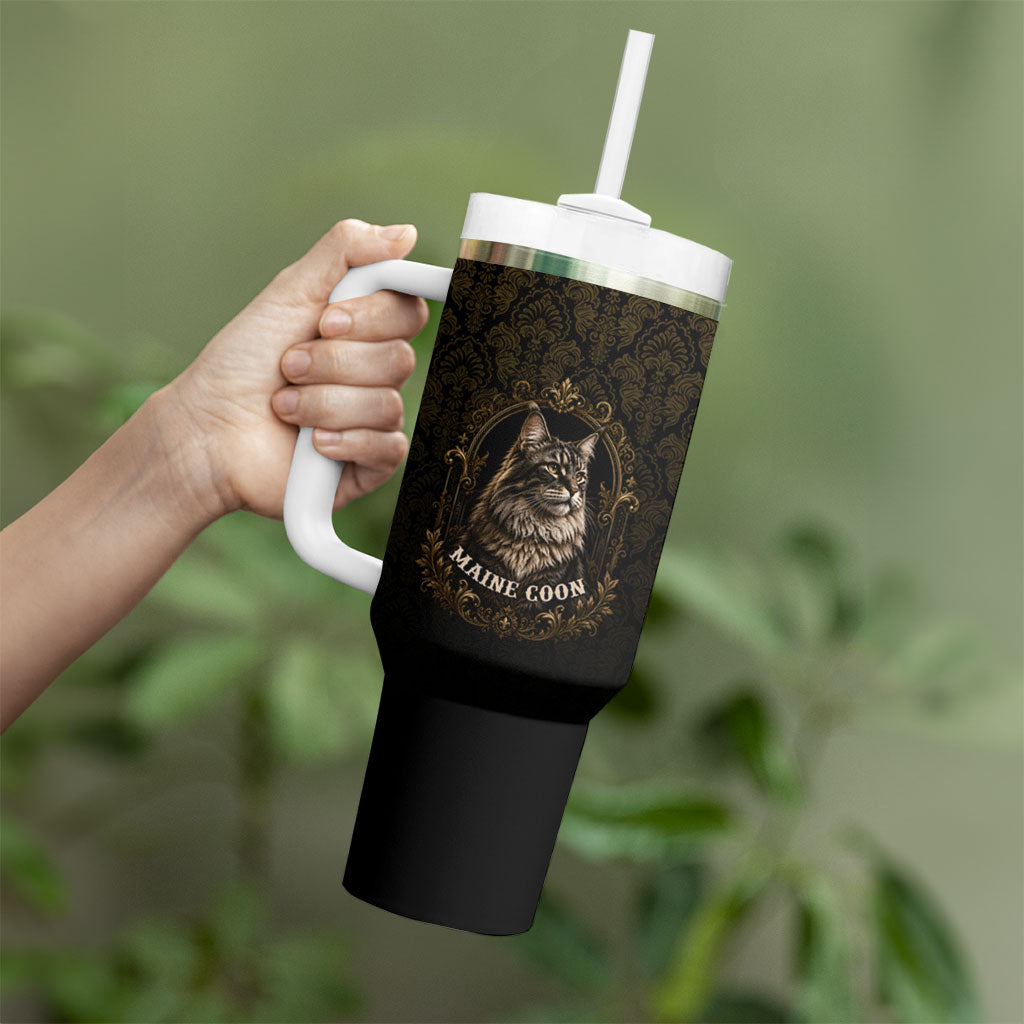 Maine Coon Cat Gentle Giant Tumbler With Handle Royal Feline Vintage Gold Damask Portrait
