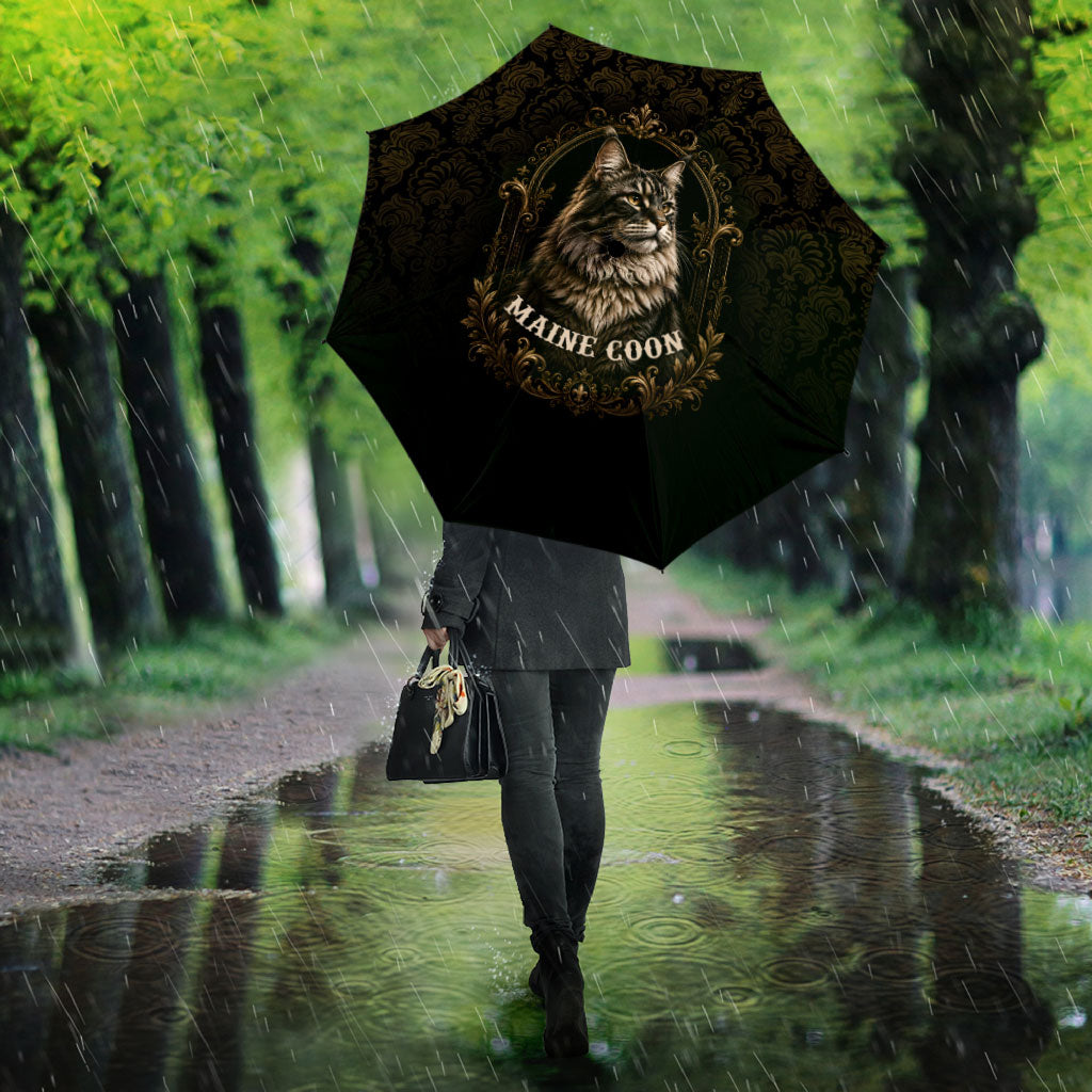 Maine Coon Cat Gentle Giant Umbrella Royal Feline Vintage Gold Damask Portrait