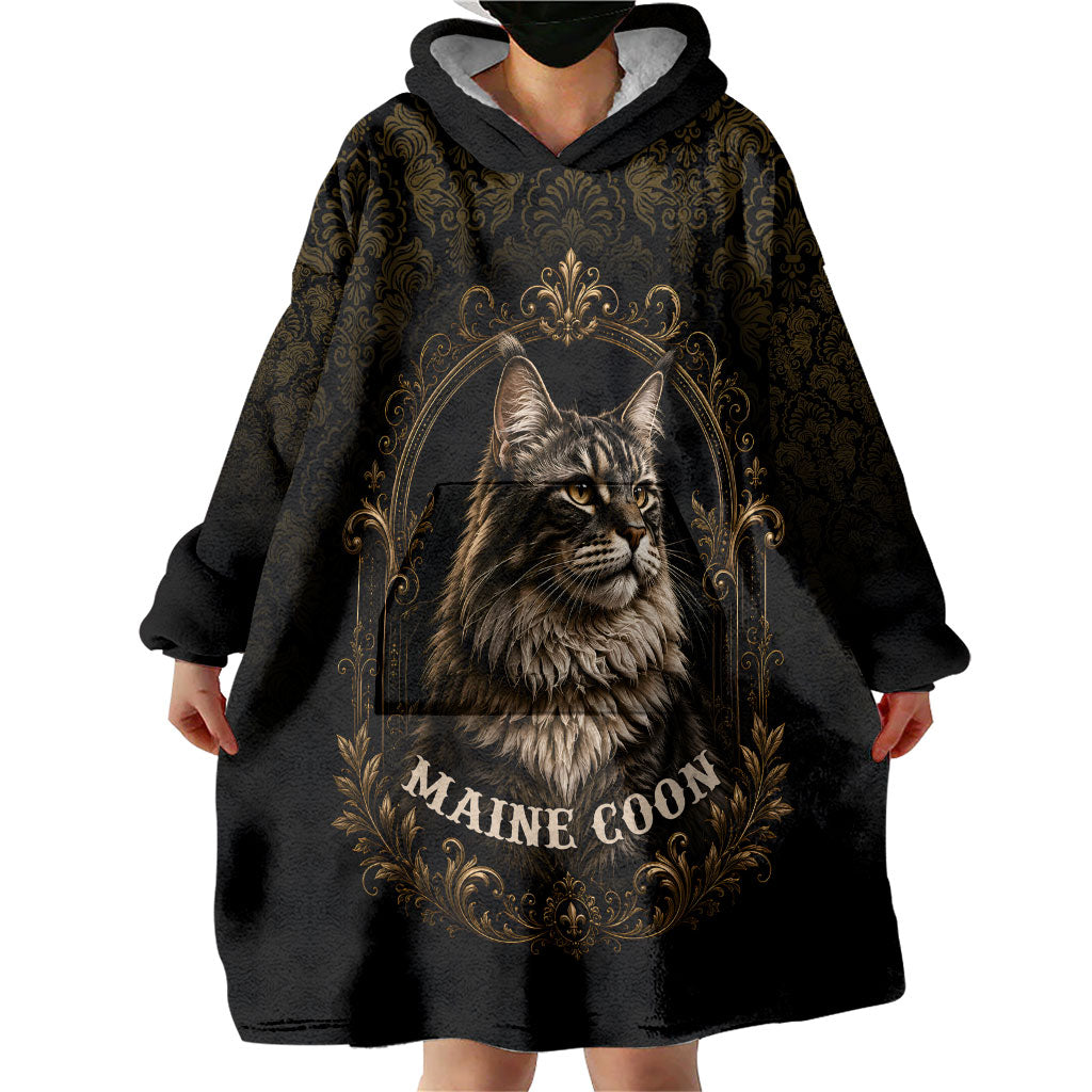 Maine Coon Cat Gentle Giant Wearable Blanket Hoodie Royal Feline Vintage Gold Damask Portrait