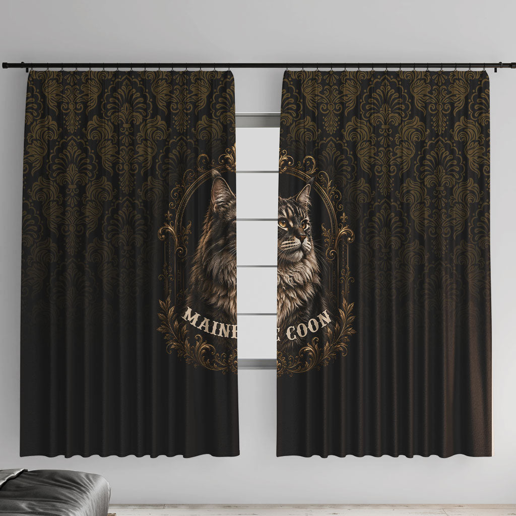 Maine Coon Cat Gentle Giant Window Curtain Royal Feline Vintage Gold Damask Portrait