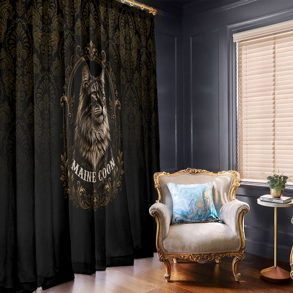Maine Coon Cat Gentle Giant Window Curtain Royal Feline Vintage Gold Damask Portrait