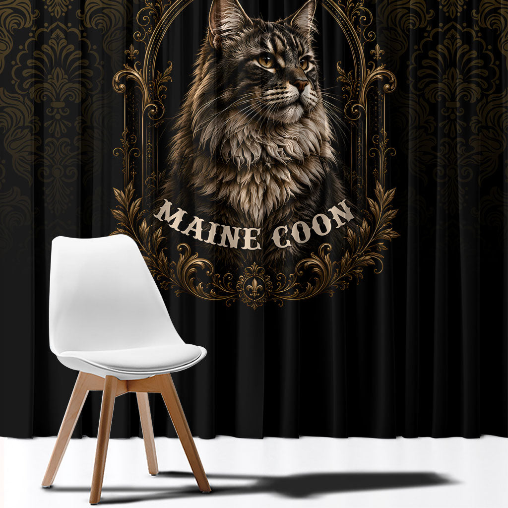 Maine Coon Cat Gentle Giant Window Curtain Royal Feline Vintage Gold Damask Portrait