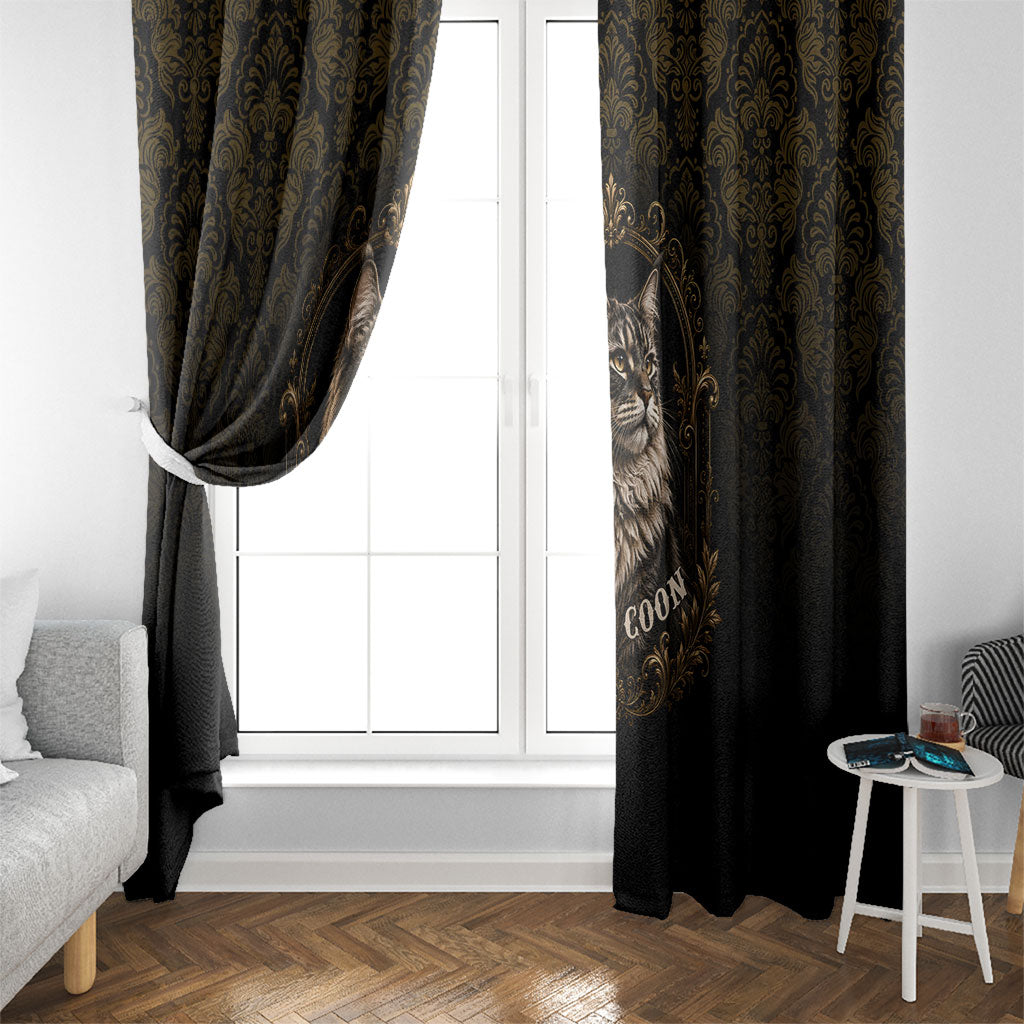 Maine Coon Cat Gentle Giant Window Curtain Royal Feline Vintage Gold Damask Portrait