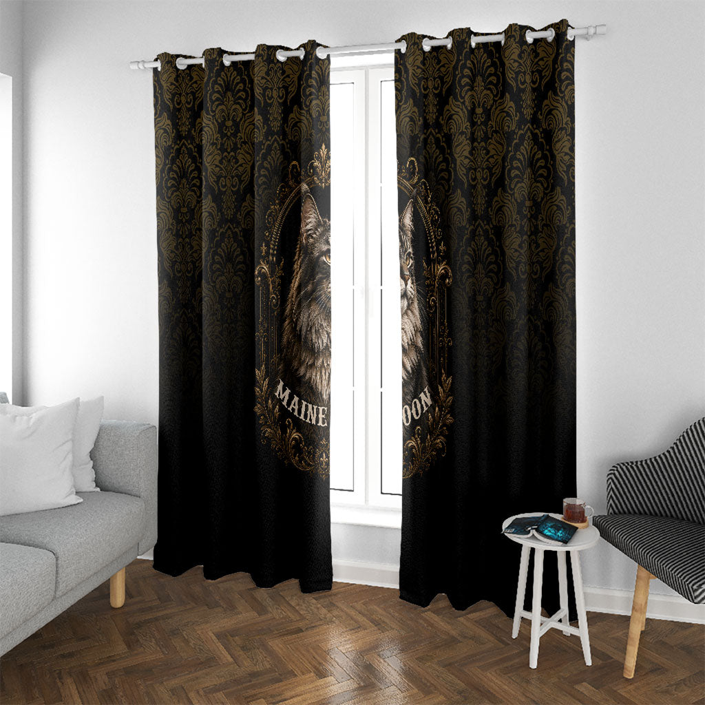 Maine Coon Cat Gentle Giant Window Curtain Royal Feline Vintage Gold Damask Portrait