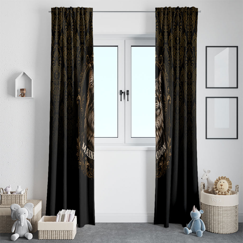 Maine Coon Cat Gentle Giant Window Curtain Royal Feline Vintage Gold Damask Portrait