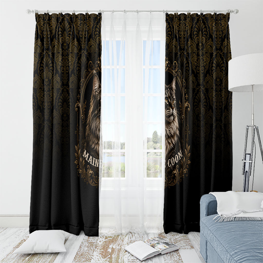 Maine Coon Cat Gentle Giant Window Curtain Royal Feline Vintage Gold Damask Portrait