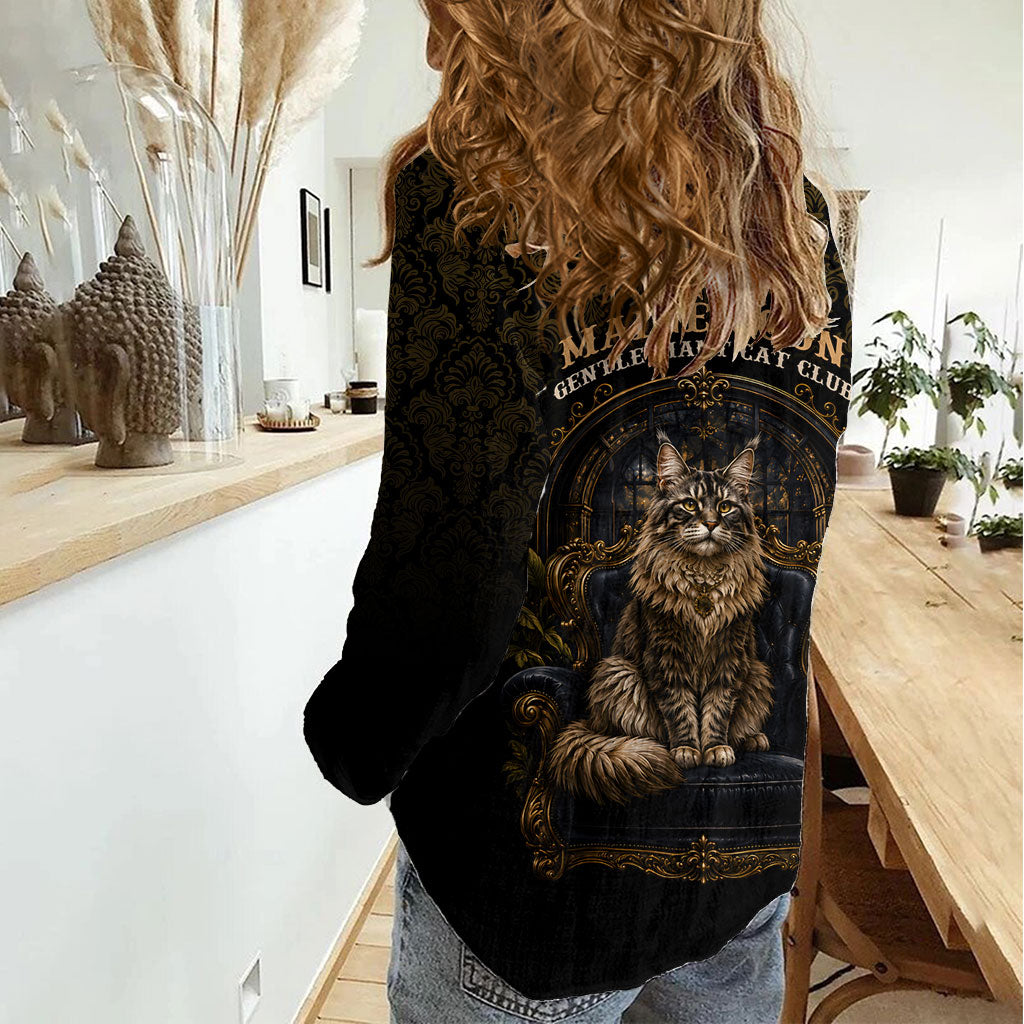 Maine Coon Cat Gentle Giant Women Casual Shirt Royal Feline Vintage Gold Damask Portrait