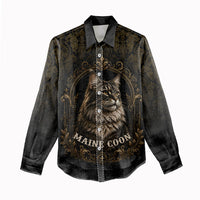 Maine Coon Cat Gentle Giant Women Casual Shirt Royal Feline Vintage Gold Damask Portrait