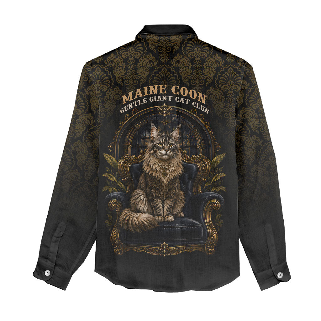 Maine Coon Cat Gentle Giant Women Casual Shirt Royal Feline Vintage Gold Damask Portrait