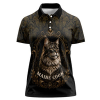 Maine Coon Cat Gentle Giant Women Polo Shirt Royal Feline Vintage Gold Damask Portrait