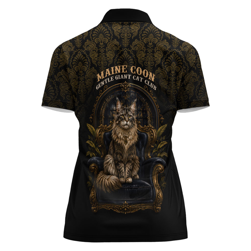Maine Coon Cat Gentle Giant Women Polo Shirt Royal Feline Vintage Gold Damask Portrait