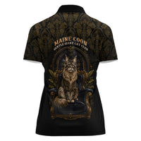 Maine Coon Cat Gentle Giant Women Polo Shirt Royal Feline Vintage Gold Damask Portrait
