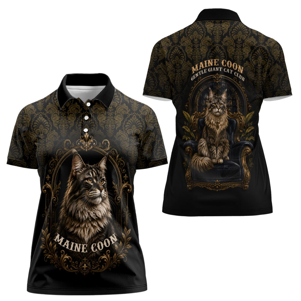 Maine Coon Cat Gentle Giant Women Polo Shirt Royal Feline Vintage Gold Damask Portrait
