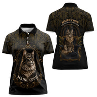 Maine Coon Cat Gentle Giant Women Polo Shirt Royal Feline Vintage Gold Damask Portrait