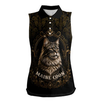 Maine Coon Cat Gentle Giant Women Sleeveless Polo Shirt Royal Feline Vintage Gold Damask Portrait