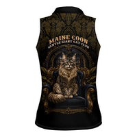 Maine Coon Cat Gentle Giant Women Sleeveless Polo Shirt Royal Feline Vintage Gold Damask Portrait