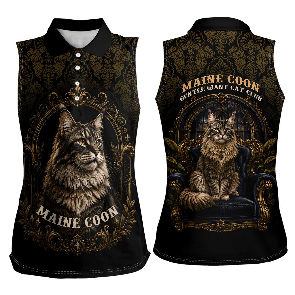 Maine Coon Cat Gentle Giant Women Sleeveless Polo Shirt Royal Feline Vintage Gold Damask Portrait