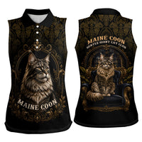 Maine Coon Cat Gentle Giant Women Sleeveless Polo Shirt Royal Feline Vintage Gold Damask Portrait