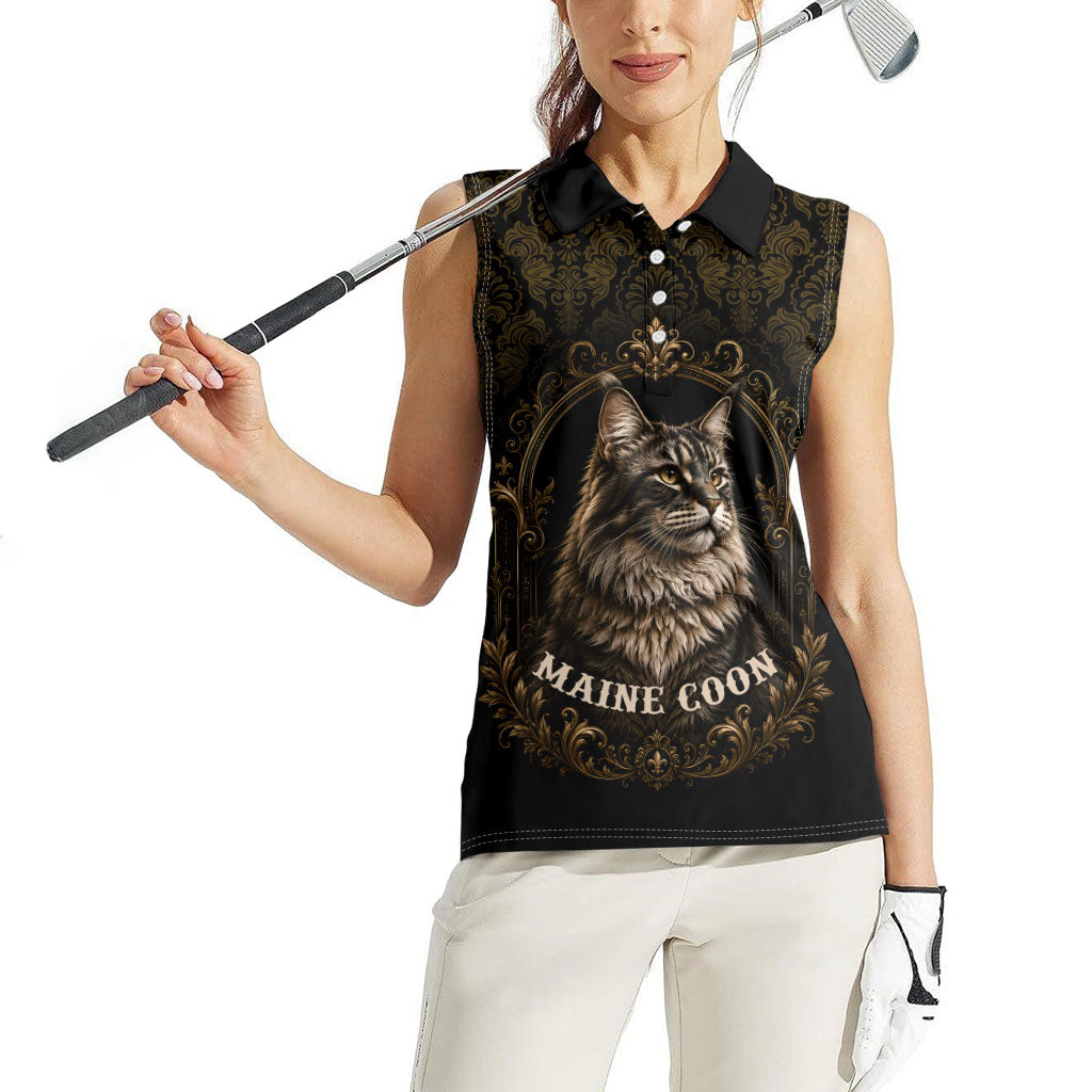 Maine Coon Cat Gentle Giant Women Sleeveless Polo Shirt Royal Feline Vintage Gold Damask Portrait