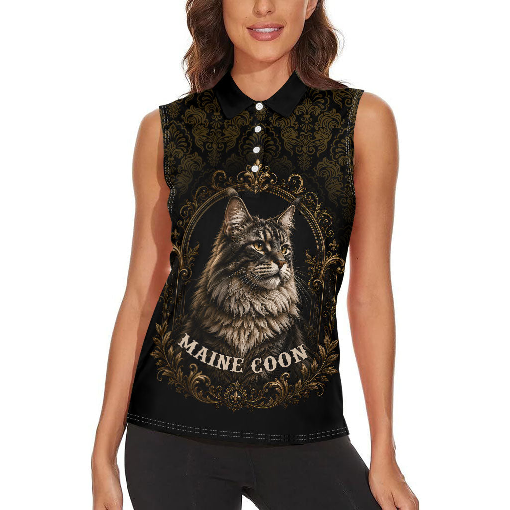 Maine Coon Cat Gentle Giant Women Sleeveless Polo Shirt Royal Feline Vintage Gold Damask Portrait