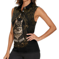 Maine Coon Cat Gentle Giant Women Sleeveless Polo Shirt Royal Feline Vintage Gold Damask Portrait