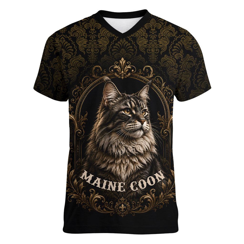 Maine Coon Cat Gentle Giant Women V-Neck T-Shirt Royal Feline Vintage Gold Damask Portrait