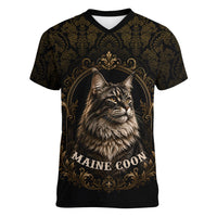 Maine Coon Cat Gentle Giant Women V-Neck T-Shirt Royal Feline Vintage Gold Damask Portrait